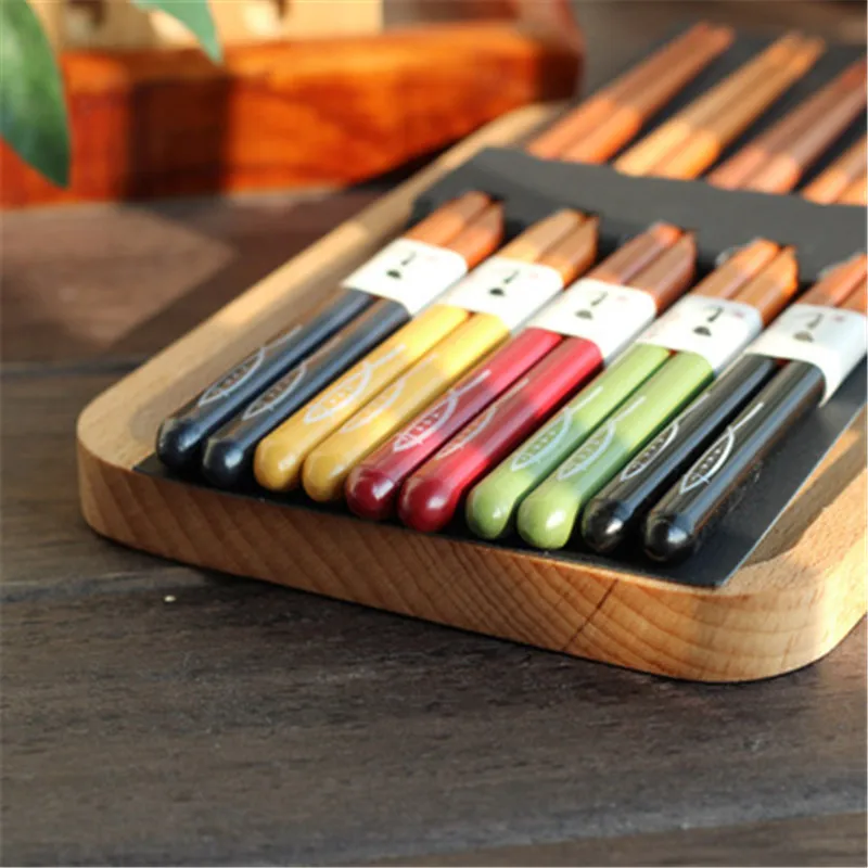 

New 5 Pairs Japanese Korean Style Reusable Chopsticks Natural Beech Wood Palillos Chinese Set Handmade Gift Pack 5 Color