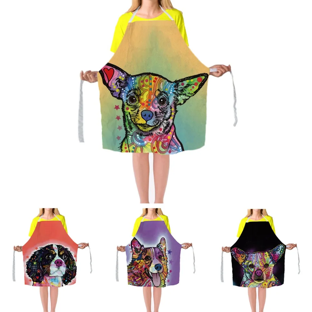 Cute Home Cleaning Aprons Colorful Pet Dog Print Lady's Kitchen Cooking