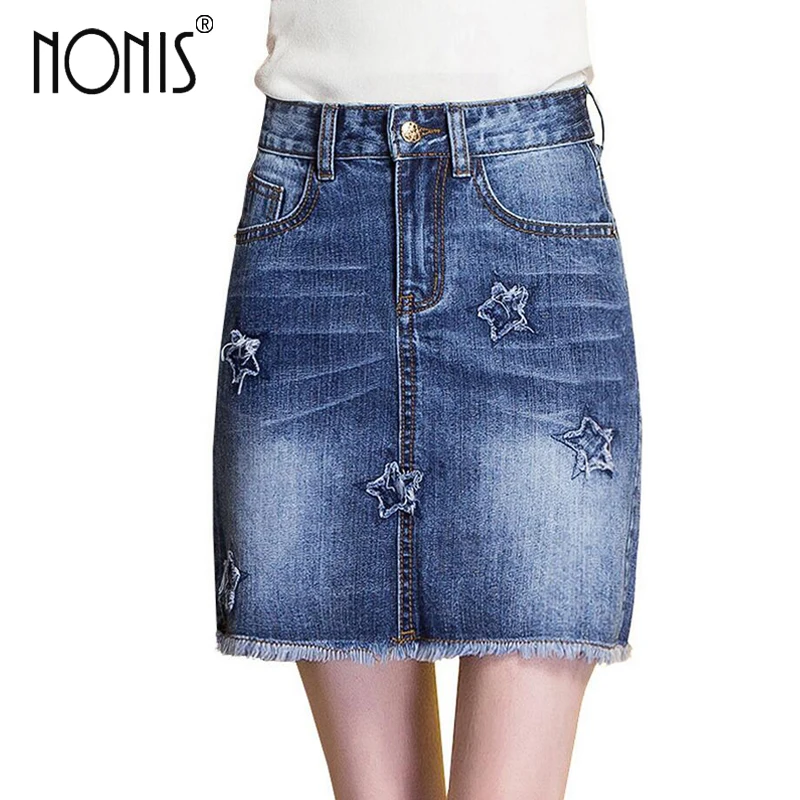 

Nonis Star Embroidery Woman denim jeans Mini Skirts Blue Plus Size Hip Push Up Female New Short Shirts Plus Size