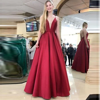 

Sexy Spaghetti Straps Long Backless Prom Dresses V Neck Pleated Satin Prom Evening Gown with Pockets Formal