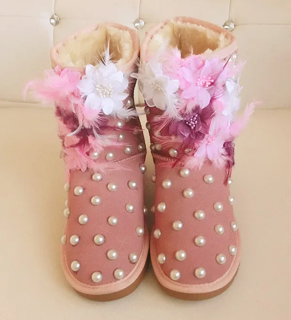 

Pink handmade genuine leather cowhide snow boots women's shoes feather flower gem pearl medium-leg boots