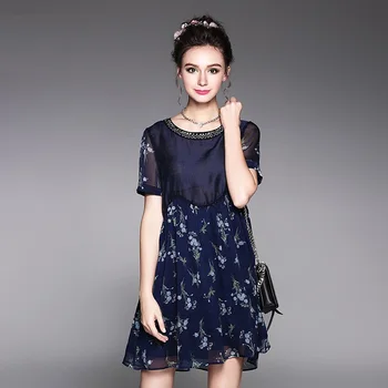 

2017New Plus Size Ladies Summer Beaded O neck Floral Printed Chiffon Dress Loose fit beautiful female casual Vestidos XXXXXL5223