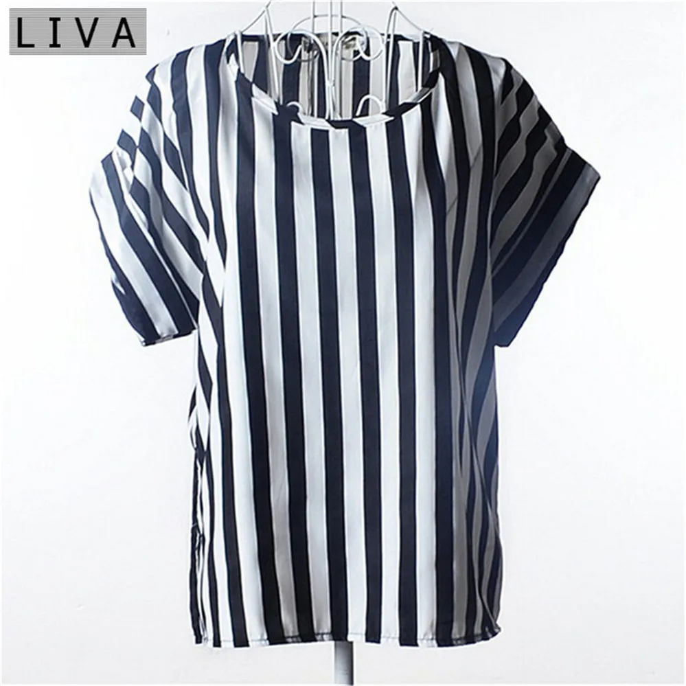 Fashion Thin Women Shirt S-XXL Summer Style Loose Colorful Print Chiffon Blouse Casual Tops Short Sleeve blusa feminina stripe (26)