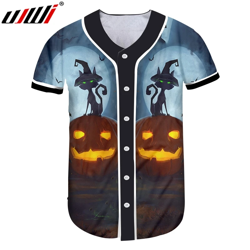 

UJWI Halloween New Ghost Pattern 3D Printed Baseball Shirt Flame Pumpkin And Black Castle Wholesale Men's Street Clothing