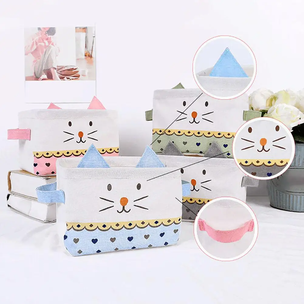 

30# Waterproof Cartoon Cat Design Cotton Linen Organizer Cosmetic Storage Holder Basket 7.87" x 5.91" x 3.94"