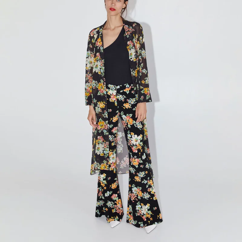 

ZA 2019 Autumn New Retro Vintage Print Suit Chiffon Tops + Women Long Pants OYK9742
