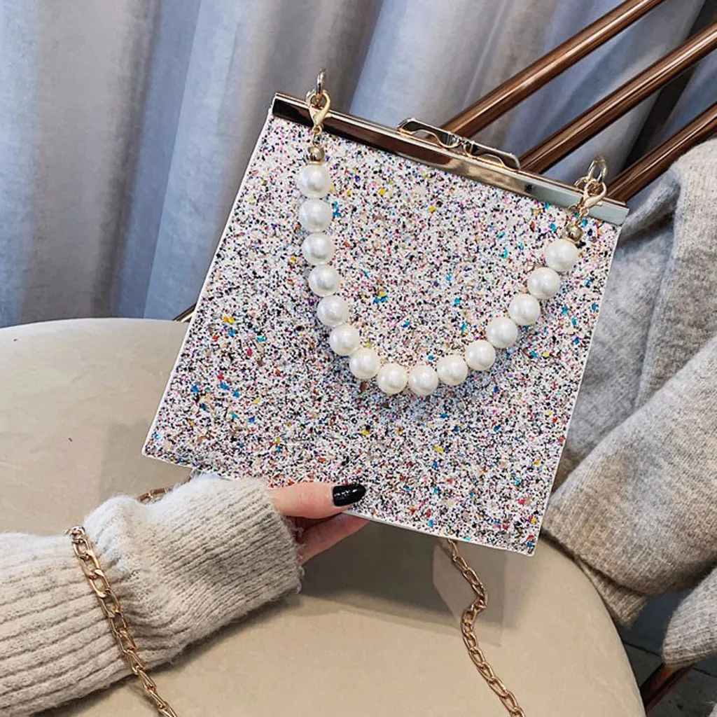 

Fashion Women Sequin Pearl Bag Mini Sequins Beading Button Chain Jelly Colorful Messenger Bag Size 22cm(L)x8cm(W)x19cm(H) 10H