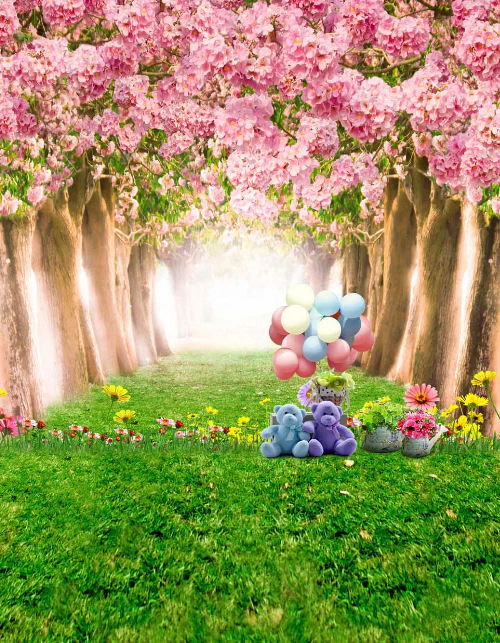 8x12FT Rosa Flores Blossom Trees Túnel Urso Verde Grama Caminho Sob