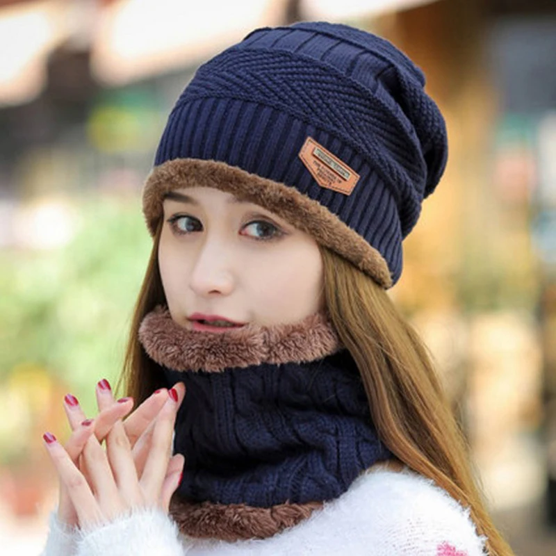 Зимняя теплая вязаная мешковатая Шапка-бини шапка лыжный набор из шапки и шарфа Мужская Женская модная шапка-шарф - Цвет: Navy2