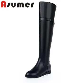 

ASUMER 2020 NEW ARRIVE pointed toe over the knee boots zipper fashion lady winter boots black comfortable genuine leather boots