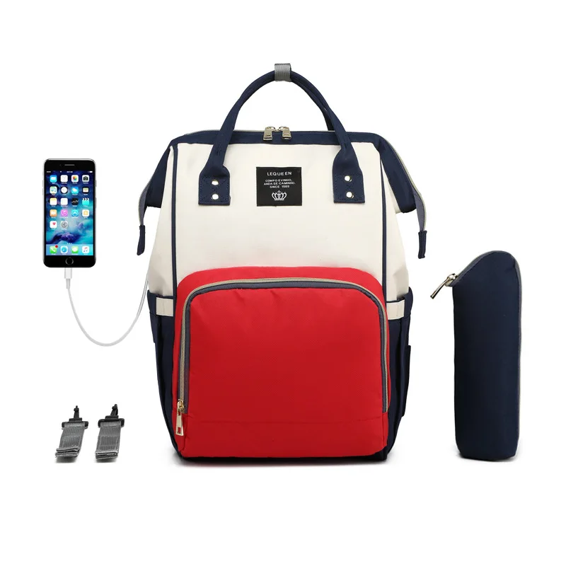 LEQUEEN Пеленки сумки USB Мумия Материнство подгузник сумка большая детская сумка Водонепроницаемые дорожные рюкзаки дизайнерские сумки для ухода за ребенком - Цвет: Red-White