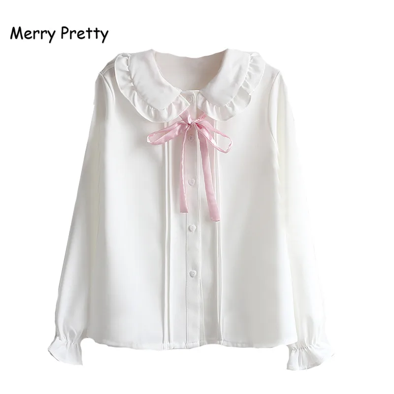 Merry Pretty, женские блузки для девочек, Осенние, с длинным рукавом, воротник Питер Пэн, розовый бант, белая шифоновая блузка, рубашка, школьная форма, Топ