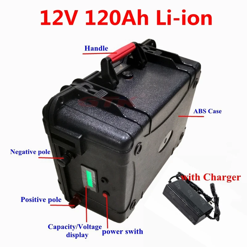 Waterproof 12V 120ah 100ah Lithium ion battery 12v with BMS 3s LCD display for fishing boat solar panel inverter+10A Charger | Электроника