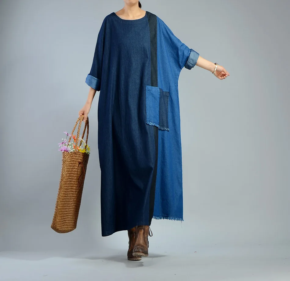 

Women Autumn Denim Robe Dress Patchwork Plus Size Casual Vintage Dresses Oversized Ladies Retro Denim Dress Female Loose Spring