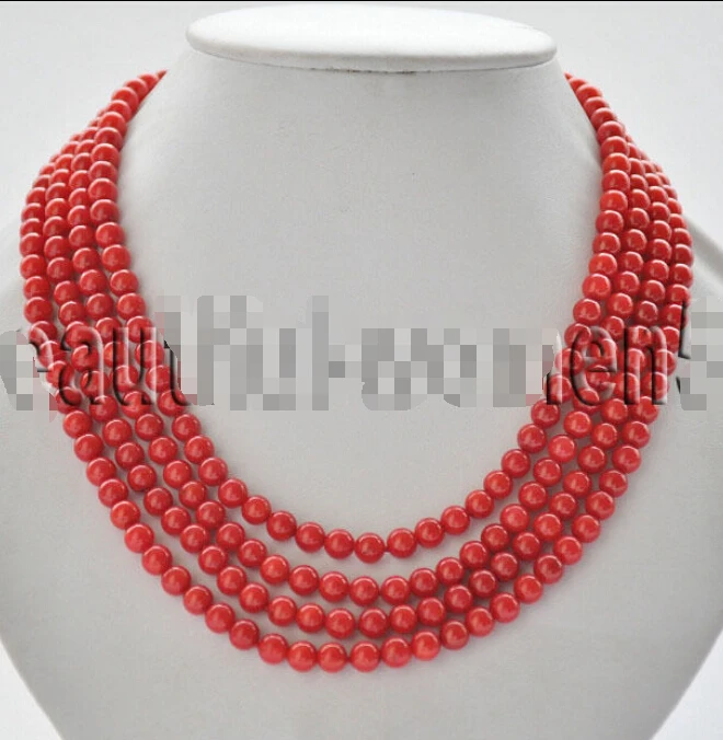 

FREE SHIPPING Z7124 4Strds 6mm ROUND RED CORAL BEAD NECKLACE 20inch