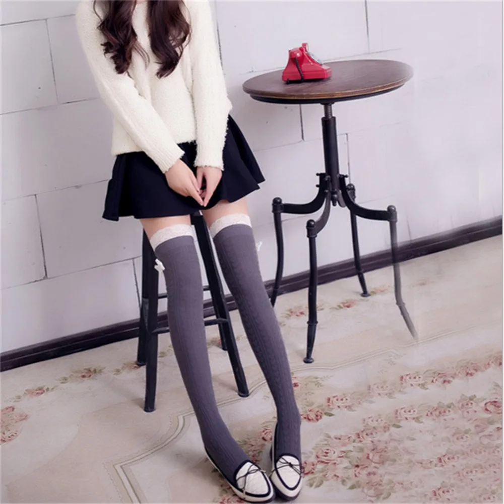 European Style Woman Fashion Thigh High Socks Winter Striped Knitting