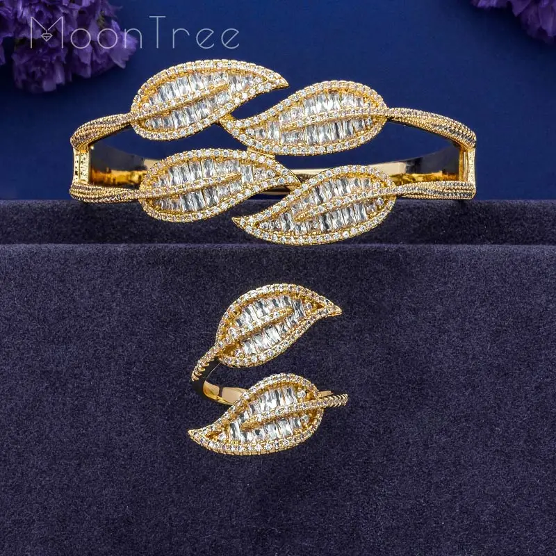 

MoonTree Luxury Leaf AAA Cubic Zirconia AAA Cubic Zirconia Gold Color Women Bracelet Bangle Ring Set Dress Jewelry Sets