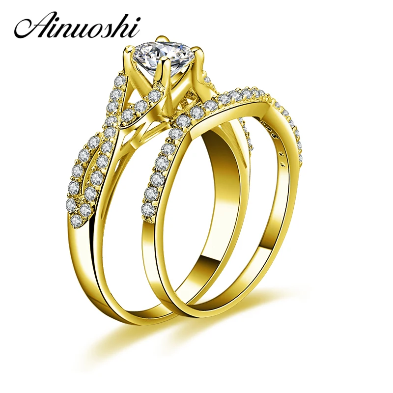 

AINUOSHI 10k Solid Yellow Gold Ring Set 0.5ct Round Cut 4 Prongs SONA Simulated Diamond Ring Set Generous Engagement Wedding