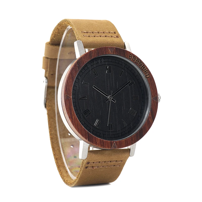 BOBO BIRD WK06 Classic Red Sandalwood&Steel Watch Rome Number Dial Face Soft Leather Strap Mens Watch As Gift Accept OEM Relogio