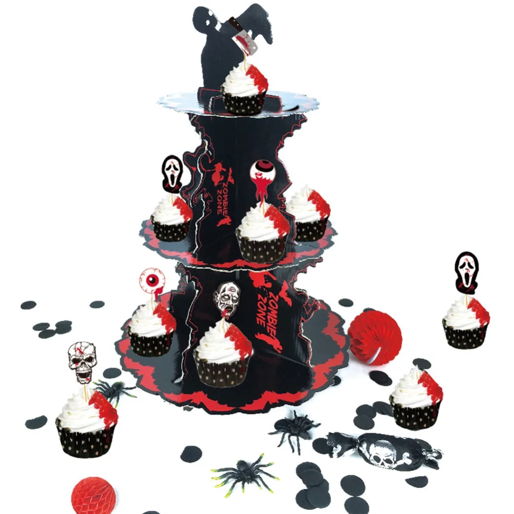 2017 New Design Big Spooktacular Red &amp Black Halloween Cupcake Stand with 3 Tier Cardboard Table Centrepiece Zombie Party | Дом и сад