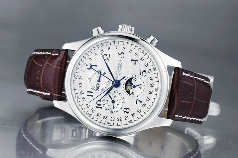 Автоматические механические мужские часы GUANQIN, изысканные брендовые водонепроницаемые часы с лунным календарем и кожаным ремешком