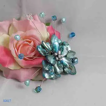 

Unique Pearls jewellery Store,Handmade Natural Freshwate Pearl Real Shell Crystal Beads Brooch,Blue Color Flower Brooches