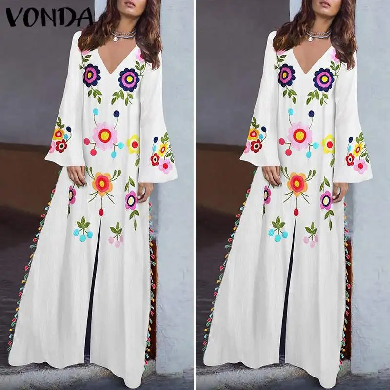 VONDA/праздничное осеннее платье, богемное праздничное платье с цветочным принтом и кисточками, винтажное платье с длинным рукавом, женское платье размера плюс