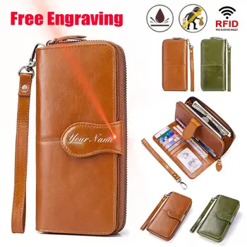 

GZCZ Women Wallets Free Engraving Genuine Leather Wallet Female Cell Phone Pocket Woman Long Purse Zipper Money Bag Dropshopping