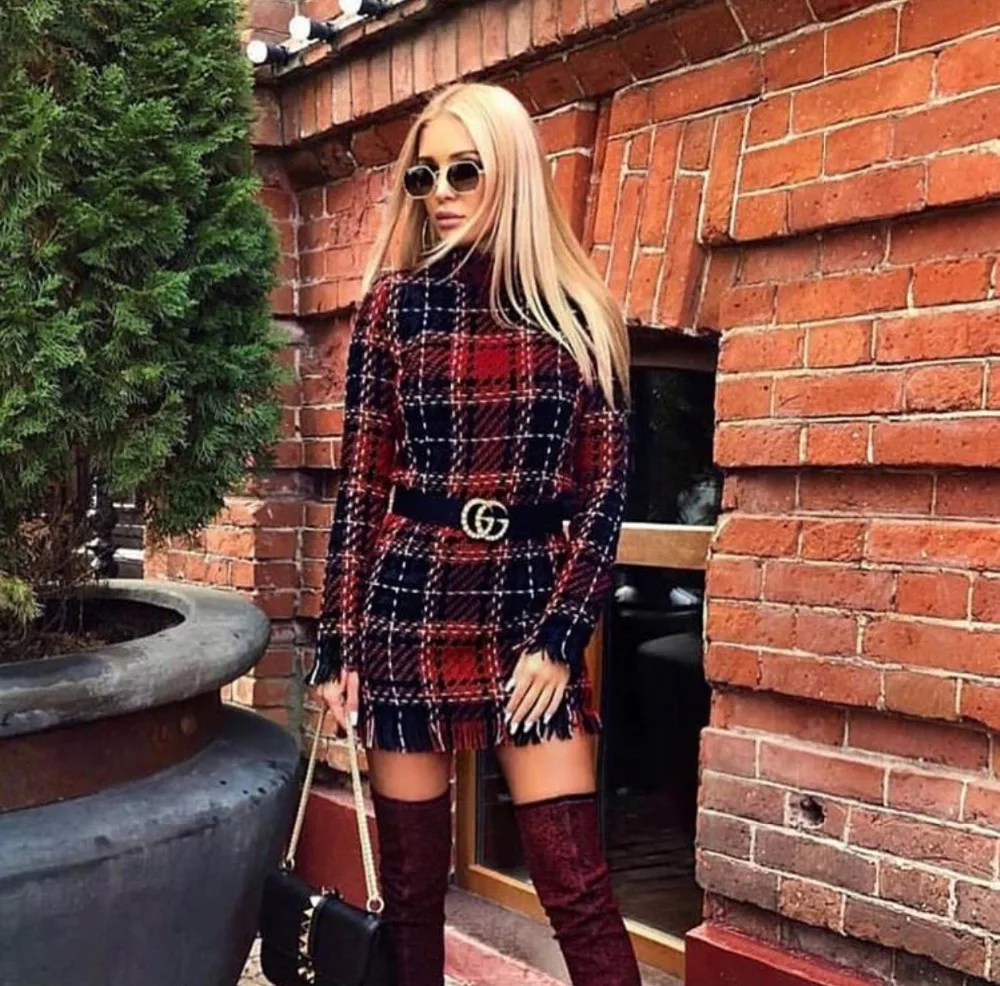 colorful plaid print tassels bodycon mini dress