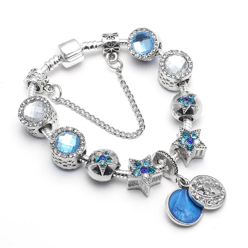 

Boosbiy Vintage Silver Plated Blue Crystal Charm Star Pendant Pandora Bracelet Original DIY Blue Murano Bracelet Women Jewelry
