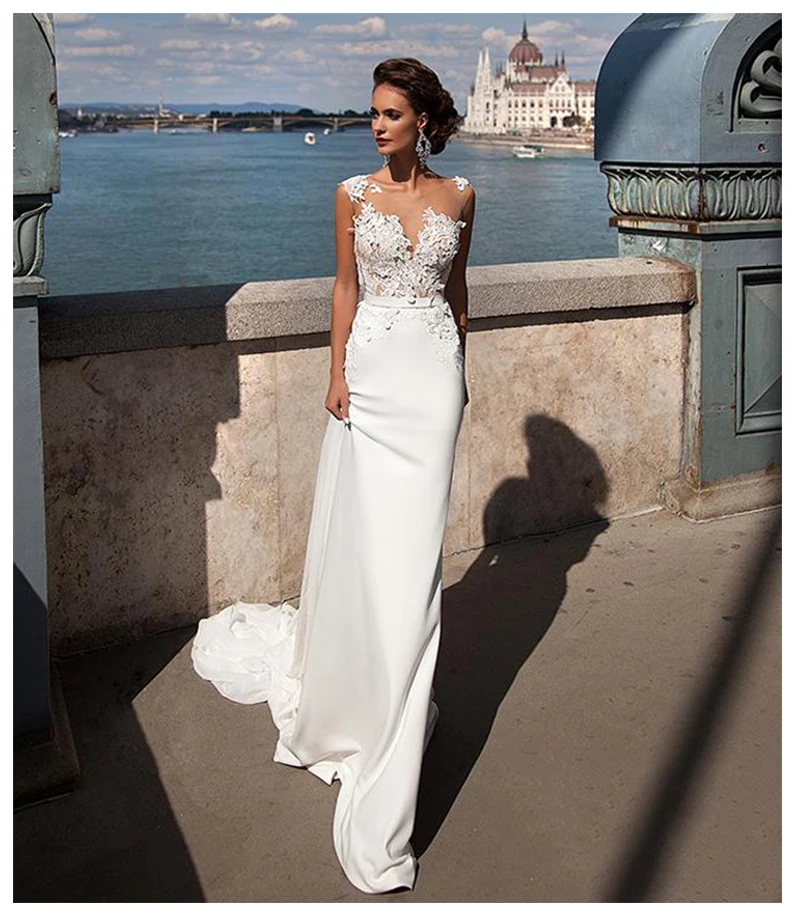 

Boho Mermaid Wedding Dress 2019 See Through Neck Appliques Chiffon Bride Dress Long Train Sexy Wedding Gown For Women