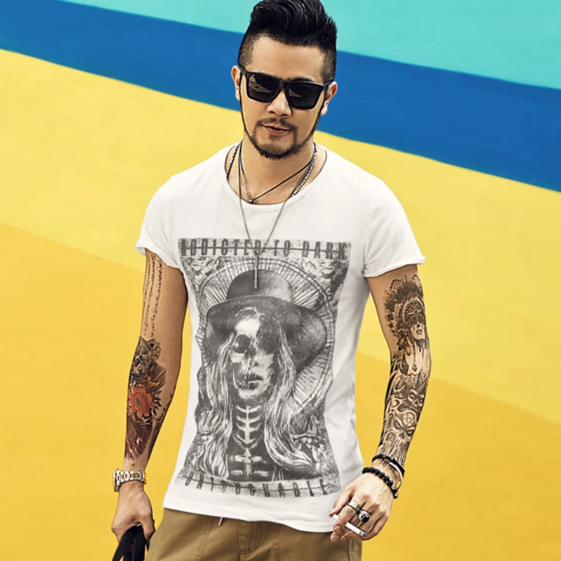 Summer new Gothic dark pattern printing men's Slim fit short-sleeved Cotton T-shirt men's short-sleeved brand men clothing T4349