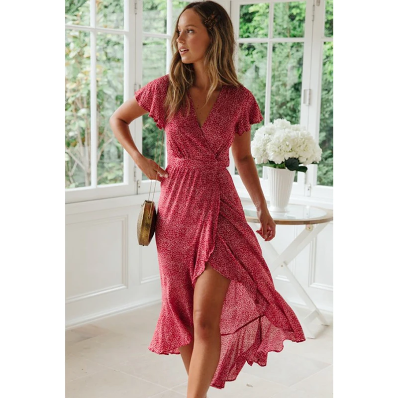 Женское длинное платье в горошек Boho Повседневное с коротким рукавом и v образным