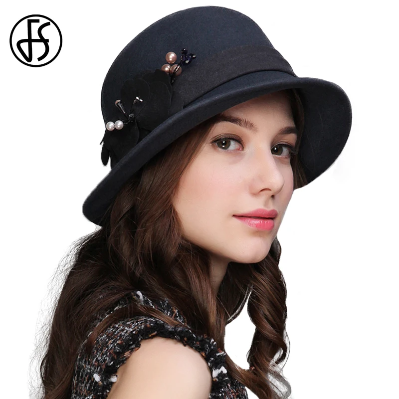 FS Autumn Winter Women Flower Fedoras Pure Wool Felt Hat Wide Brim Elegant Ladies Fedora Church