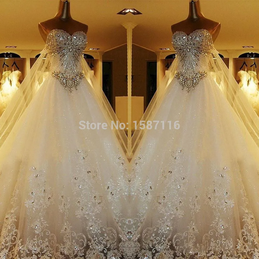 Luxury Crystal Cathedral Train Ball Gown Wedding Dresses With
