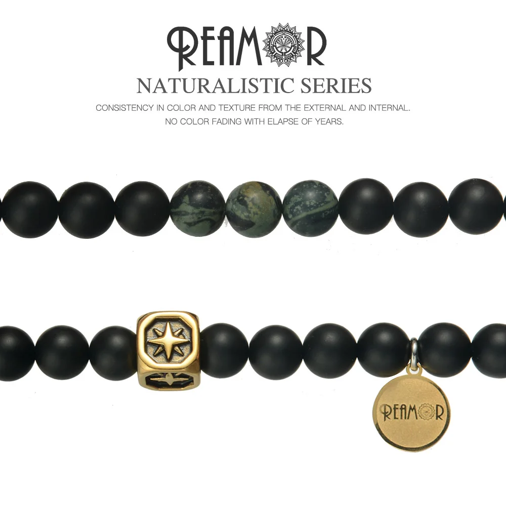 REAMOR Fashion 8mm Onyx Natural Stone Bracelet Stainless Steel Shining Golden Lucky Star Beaded Bracelets For Men Women Jewelry