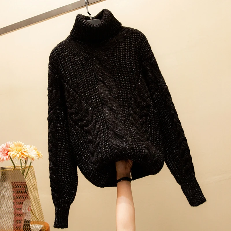 UULZZOR, мода, Повседневный, твист, однотонный, водолазка, женский свитер, утолщенные, женские пуловеры, корейский, теплый, зимний женский джемпер - Цвет: Черный