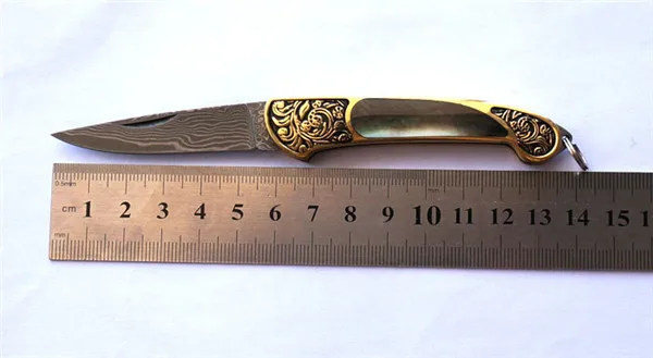 

Mini Pocket Damascus Knives Damascus Steel Blade Brass + Natural Shell Handle Folding Tactical Outdoor Knife