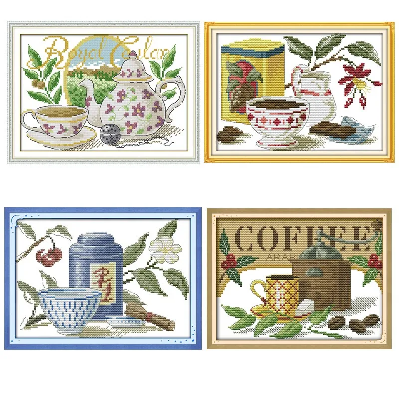 

Coffee Artistic Conception Tea Flowers Home Decor Painting DMC Counted Printed On Canvas DMC 11CT 14CT Chinese Cross Stitch kits