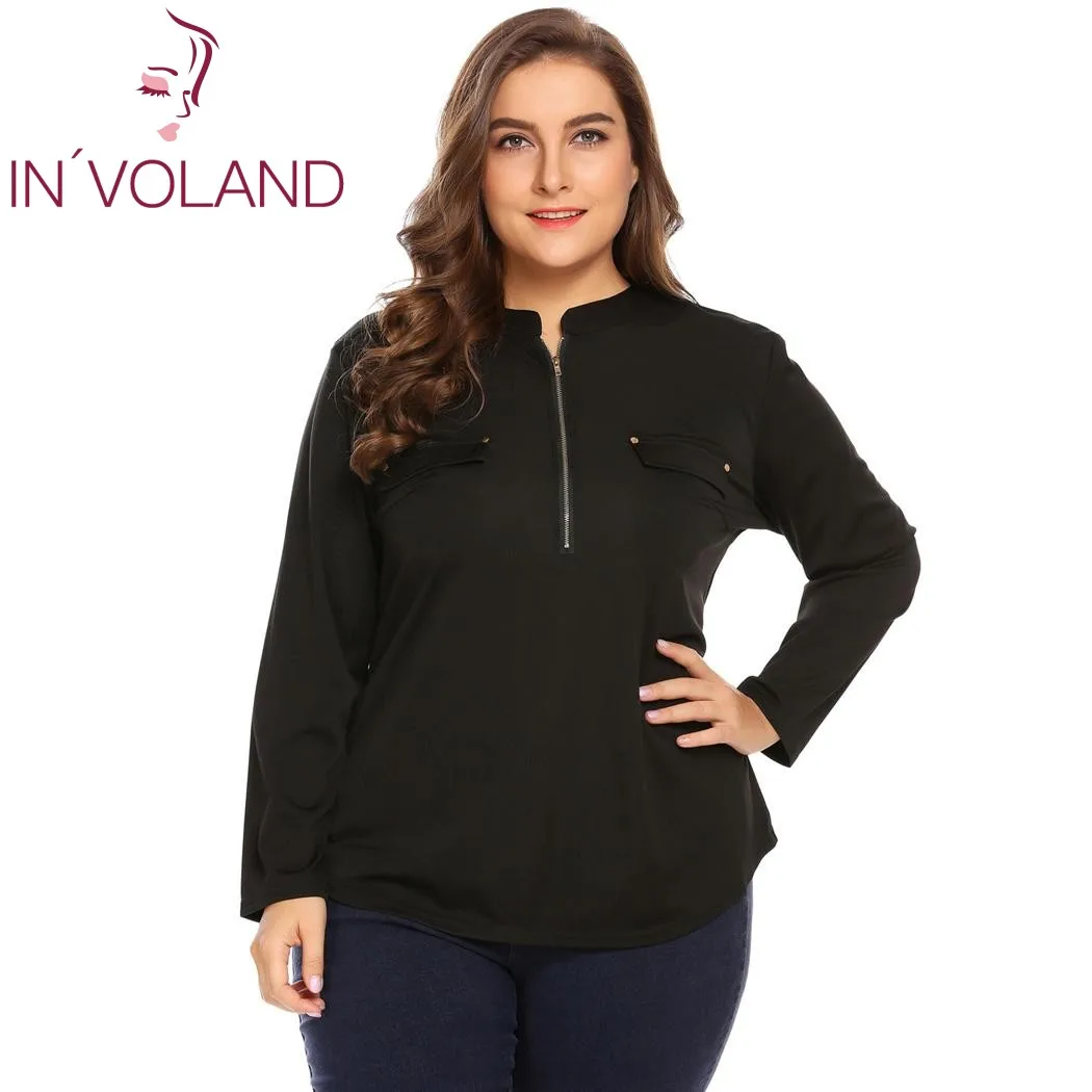 IN'VOLAND, большие размеры, XL-5XL, женская блузка, Blusas, топы, весна-осень, стоячий воротник, длинный рукав, на молнии, большие пуловеры размера плюс