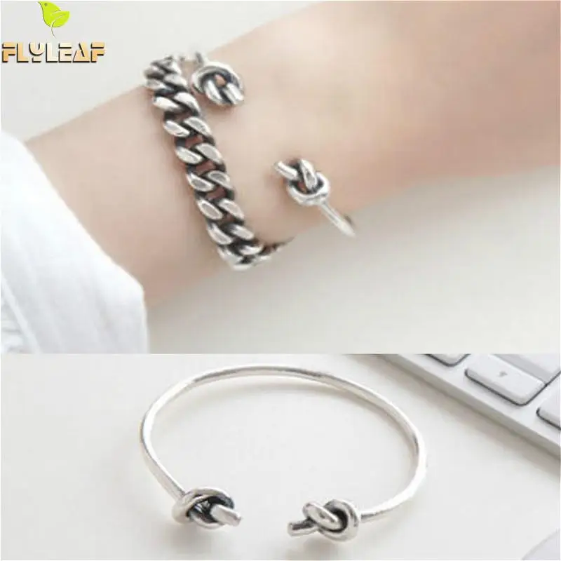 

100% 925 Sterling Silver Cuff Bracelet For Women Simple Simple Antique Craft Double Knot Open Bracelets & Bangles Femme Jewelry