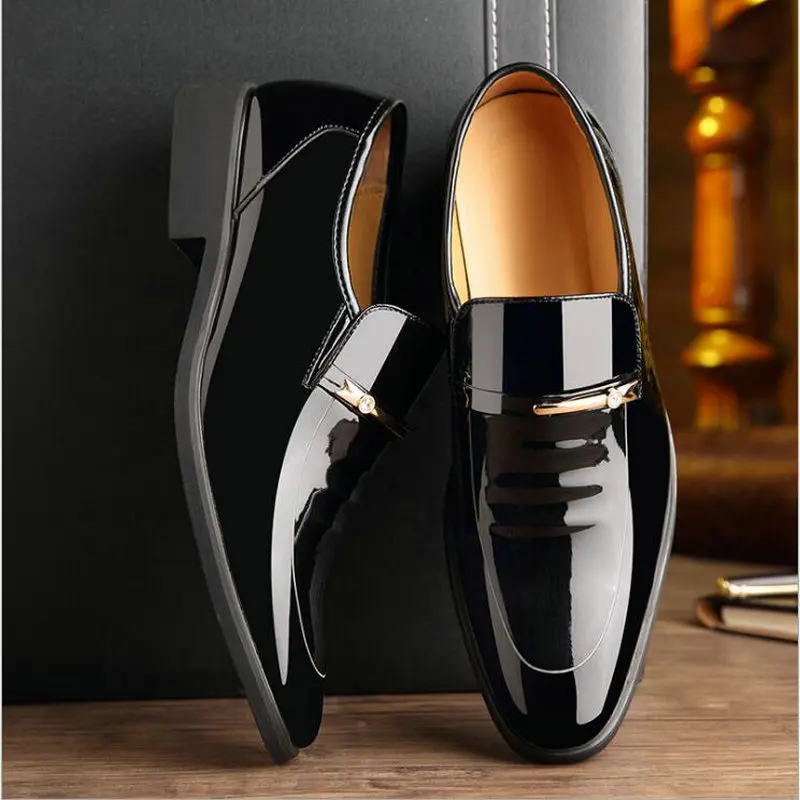 Г., мужские свадебные модельные деловые Кожаные слипоны Мужская официальная обувь черного и коричневого цвета LL-96-оксфорды из лакированной кожи с острым носком