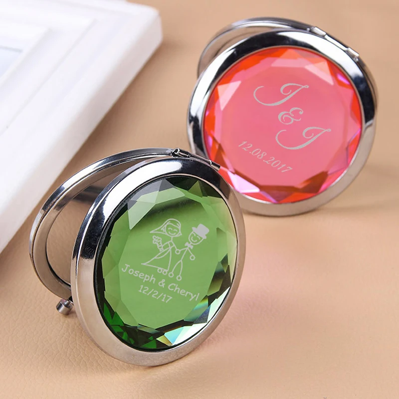 Personalized Pocket Compact Mirror Wedding Favor Crystal Folding Makeup