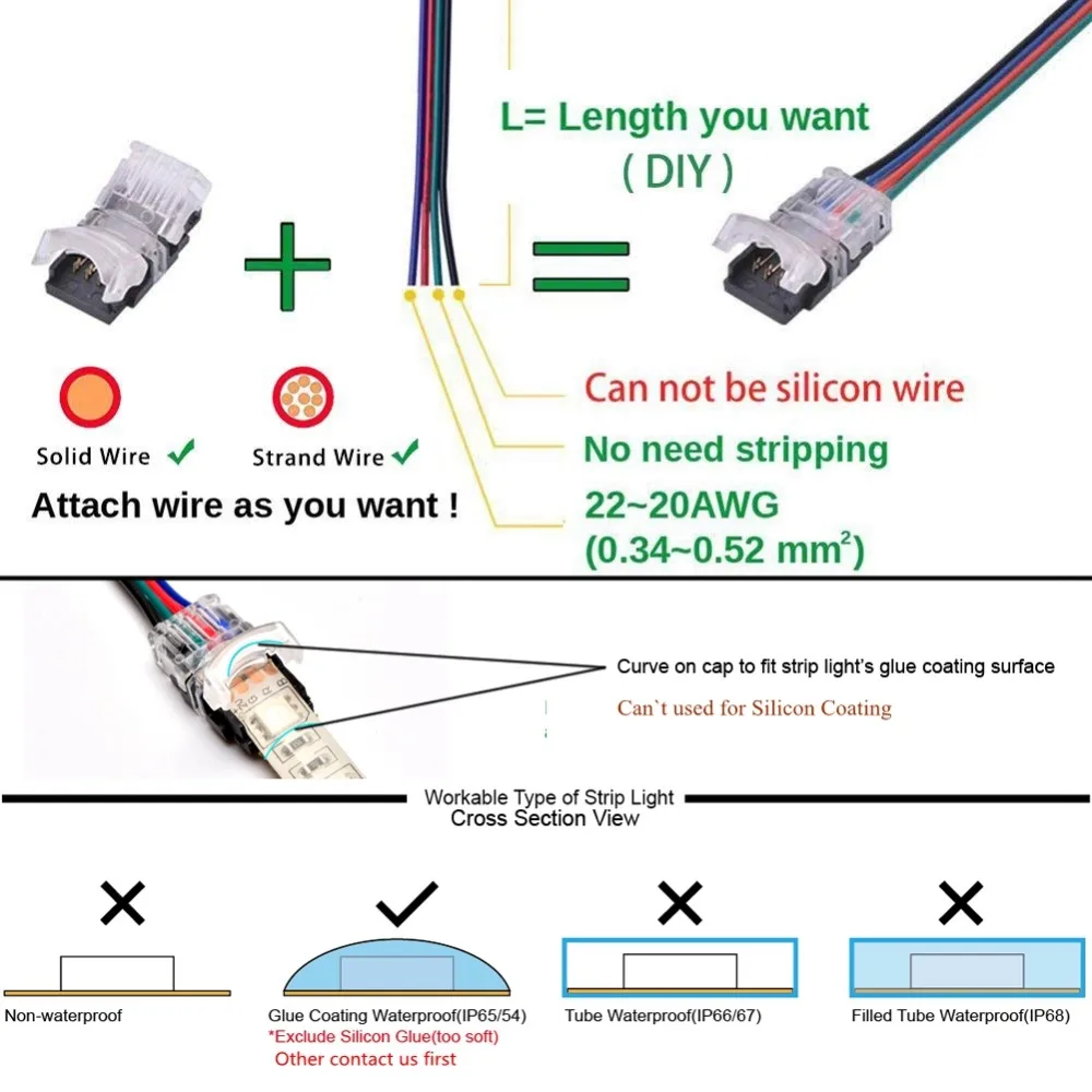 Connettore per striscia LED RGB da 5 pezzi connettore per luce a nastro LED colorato a 4 Pin 5050, 10mm per uso impermeabile da striscia IP65 a filo.