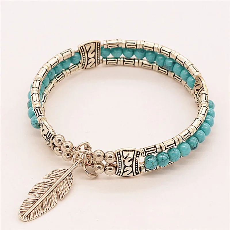 Модный винтажный тибетский серебряный браслет с разноцветными бусинами Цыганский богемный стиль браслет ювелирные изделия для женщин подарок - Окраска металла: Blue