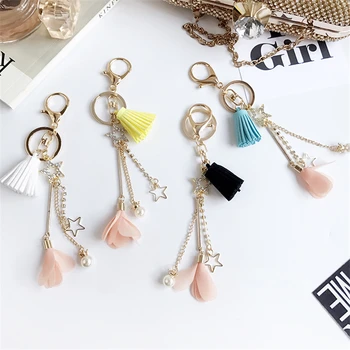 

Doreen Box Star Charms Imitation Pearl Flower Tassel Keychain Keyring Gold Color Ring Lobster Clasp Car Key Bags Pendant 1 Piece