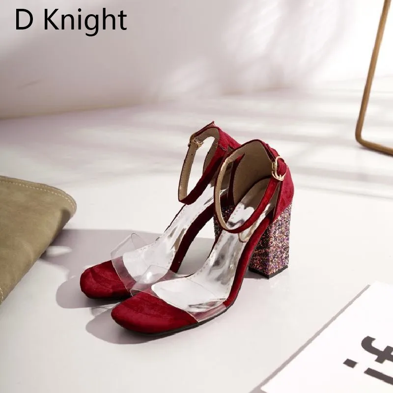 Big Size 52 Women Open Toe Strappy Ankle Strap Yellow Black Sandals Bling Transparent Clear Block Thick High Heel Sequined Shoes (23)