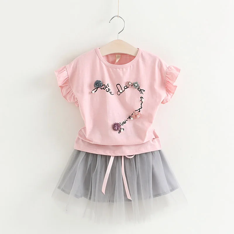 Letter Flowers T-shirt + Mesh Waist Skirt Two  Girls