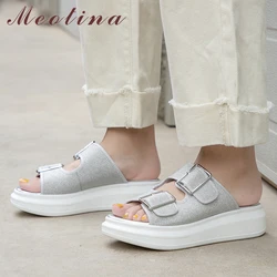 Meotina Women Shoes Summer Slippers Glitter Buckle Flat Platform Shoes Bling Open Toe Slides Lady Sandals Sliver Pink Size 35-39 Meotina Women Shoes Summer Slippers Glitter Buckle Flat Platform Shoes Bling Open Toe Slides Lady Sandals Sliver Pink Size 35-39