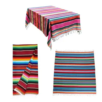 

150*200cm Mexican Style Tassel Tablecloth Rainbow Pattern Cotton Color Strip Shawl Carnival Blanket Party Wedding Decoration